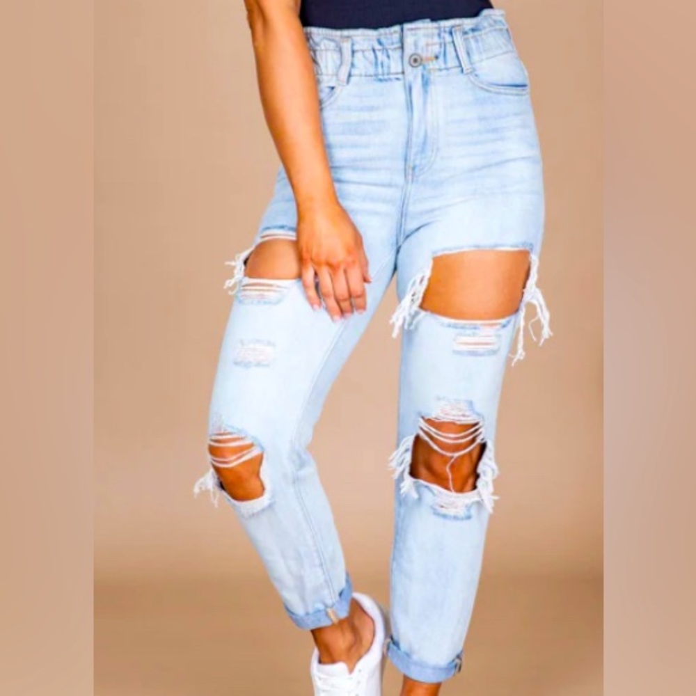 Kristen Paperbag Waist Light Wash Distressed Mom Jeans